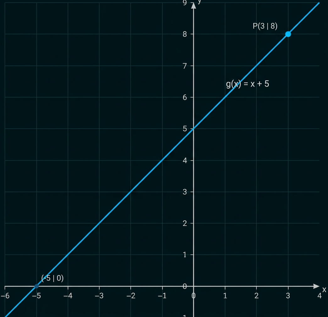Gerade g(x)=x+5 mit den Punkten (-5|0) und (3|8).
